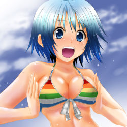 Rule 34 | 10s, 1girl, :d, bikini, blue eyes, blue hair, breasts, breasts squeezed together, cleavage, cloud, covered erect nipples, day, front-tie top, highres, mahou shoujo madoka magica, mahou shoujo madoka magica (anime), matching hair/eyes, medium breasts, miki sayaka, multicolored bikini, multicolored clothes, multicolored stripes, open mouth, rainbow order, short hair, sky, smile, solo, striped bikini, striped clothes, swimsuit, underboob, watarui