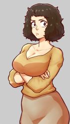 Rule 34 | 1girl, big hair, black hair, breasts, brown skirt, brown sweater, chief (91m10), cleavage, collarbone, crossed arms, grey background, grey eyes, highres, kawakami sadayo, large breasts, lips, long skirt, looking at viewer, persona, persona 5, pout, skirt, solo, standing, sweater, v-neck