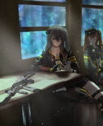 Rule 34 | 2girls, absurdres, brown eyes, brown hair, closed eyes, closed mouth, commentary request, feet out of frame, girls&#039; frontline, grey hair, gun, h&amp;k ump, hair between eyes, hair ornament, highres, holding, holding phone, jacket, long hair, long sleeves, looking at phone, mod3 (girls&#039; frontline), multiple girls, one side up, panzerboy, phone, pleated skirt, scar, scar across eye, scar on face, scenery, shirt, single leg pantyhose, sitting, skirt, sleeping, smile, submachine gun, suppressor, twintails, ump45 (girls&#039; frontline), ump45 (mod3) (girls&#039; frontline), ump9 (girls&#039; frontline), ump9 (mod3) (girls&#039; frontline), weapon, white shirt, window magazine