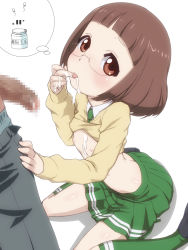 Rule 34 | 1girl, :p, bad id, bad pixiv id, blush, breasts, brown eyes, brown hair, butt crack, cardigan, censored, clothes lift, cum, cum on body, cum on hair, cum on upper body, facial, flat chest, glasses, green socks, highres, kneehighs, looking at viewer, love lab (manga), mosaic censoring, necktie, nipples, penis, petite, pleated skirt, school uniform, shirt lift, shoes, short hair, sitting, skirt, socks, solo focus, takeda yukimura, tanahashi suzune, tasting, tongue, tongue out, translated, wariza