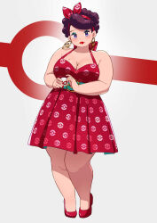 Rule 34 | 1girl, akina bbw, bare legs, bare shoulders, blush, bow, breasts, brown hair, cleavage, commission, creatures (company), dot nose, dress, earrings, eyeliner, game freak, grey background, hair bow, hairband, high heels, highres, holding, jewelry, large breasts, legs together, lipstick, looking at viewer, makeup, medium dress, mole, mole on breast, nintendo, original, plump, poke ball, pokemon, premier ball, purple eyes, red bow, red dress, red footwear, red hairband, red lips, red nails, short hair, simple background, sleeveless, sleeveless dress, solo, standing, thick arms, thick thighs, thighs