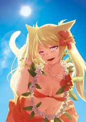 Rule 34 | 1girl, :d, animal ears, bikini, blonde hair, blush, bracelet, collarbone, day, final fantasy, final fantasy xiv, flower, hair flower, hair ornament, half-closed eyes, head tilt, highres, jewelry, leaning forward, lens flare, lili mdoki, looking at viewer, miqo&#039;te, navel, necklace, open mouth, sky, slit pupils, smile, solo, sun, swimsuit, tail, twintails, wind, wreath