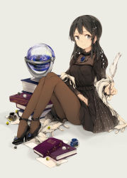 Rule 34 | 10s, 1girl, alternate costume, black dress, black footwear, black hair, book, book stack, brooch, brown pantyhose, colored eyelashes, crossed legs, dress, feathers, full body, grey eyes, hair ornament, hairclip, high heels, highres, ink bottle, jewelry, kantai collection, legs, light smile, long hair, long sleeves, malachite, oyashio (kancolle), pantyhose, puffy long sleeves, puffy sleeves, quill, quiver, shoes, sitting, solo, thighs
