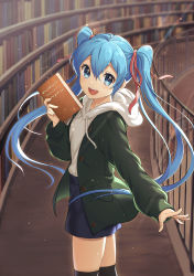 Rule 34 | 1girl, :d, absurdres, alternate costume, black thighhighs, blue eyes, blue hair, blue shorts, blush, book, bookshelf, casual, coat, commentary request, cowboy shot, drawstring, english text, gen (gen m gen), green coat, hair ribbon, hatsune miku, highres, holding, holding book, hood, hood down, hoodie, indoors, lens flare, library, long hair, long sleeves, looking at viewer, open clothes, open coat, open mouth, railing, red ribbon, ribbon, round teeth, shorts, smile, solo, sparkle, teeth, thighhighs, twintails, upper teeth only, very long hair, vocaloid, white hoodie