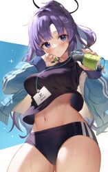 Rule 34 | 1girl, absurdres, black buruma, black shirt, blue archive, blue eyes, blue jacket, blush, bottle, buruma, closed mouth, commentary request, gym uniform, halo, highres, holding, holding bottle, id card, jacket, lanyard, long hair, long sleeves, looking at viewer, navel, official alternate costume, open clothes, open jacket, parted bangs, purple hair, shirt, solo, star sticker, sticker on face, stomach, sweat, track jacket, yuk (pakyaru), yuuka (blue archive), yuuka (track) (blue archive)