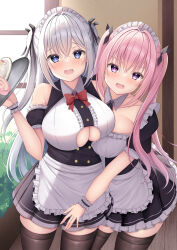 Rule 34 | 2girls, absurdres, apron, black dress, black thighhighs, blue eyes, blush, breasts, cleavage, cleavage cutout, clothing cutout, collarbone, commentary request, crossed bangs, detached collar, dress, grey hair, hair between eyes, hanonokusa, highres, holding, holding tray, indoors, large breasts, long hair, maid, maid apron, maid headdress, multiple girls, open mouth, original, pink hair, purple eyes, sidelocks, standing, thighhighs, tray, twintails, two side up, window, zettai ryouiki