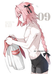 Rule 34 | 1boy, artist name, ass, astolfo (fate), astolfo (sailor paladin) (fate), bishounen, black bow, black ribbon, bow, boxers, braid, buttoning, copyright name, cowboy shot, fang, fate/apocrypha, fate (series), from side, hair bow, hair intakes, hair ribbon, holding, holding clothes, holding shirt, leopardtiger, long braid, long hair, male focus, male underwear, motion lines, multicolored hair, no pants, numbered, pale skin, pectorals, pink hair, purple eyes, red sailor collar, ribbon, sailor collar, school uniform, shirt, short shorts, shorts, simple background, single braid, skin fang, solo, streaked hair, toned, toned male, topless male, underwear, underwear only, white background, white shirt