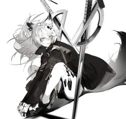 Rule 34 | 1girl, animal ears, arknights, black jacket, crossed legs, hair ornament, hairclip, jacket, katana, lappland (arknights), long hair, long sleeves, looking at viewer, material growth, nineo, open mouth, oripathy lesion (arknights), scar, scar across eye, scar on face, sharp teeth, shoes, shorts, silver hair, sitting, solo, sword, tail, teeth, weapon, white background, wolf ears, wolf tail, yellow eyes
