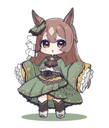 Rule 34 | 1girl, animal ears, black thighhighs, blush, boots, braid, brown eyes, brown hair, chibi, colored shadow, commentary request, full body, green jacket, green skirt, half updo, highres, horse ears, jacket, long hair, long sleeves, multicolored hair, nozo (hitomiz), parted lips, pleated skirt, satono diamond (umamusume), shadow, shirt, skirt, sleeves past fingers, sleeves past wrists, solo, standing, thighhighs, thighhighs under boots, two-tone hair, umamusume, very long hair, white background, white footwear, white shirt, wide sleeves