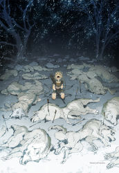 Rule 34 | 1girl, animal, arrow (projectile), arrow in body, artist name, bare arms, bare legs, bow (weapon), braid, child, corpse, crying, death, demizu posuka, closed eyes, grey hair, highres, holding, holding bow (weapon), holding weapon, long hair, lying, night, open mouth, original, outdoors, quiver, shirt, short sleeves, shorts, snow, snowing, solo, streaming tears, tears, twin braids, very long hair, weapon, white wolf, wide shot, wolf