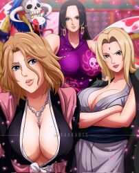 Rule 34 | 3girls, arms under breasts, black hair, bleach, blonde hair, blue eyes, boa hancock, breasts, chain, chain necklace, cleavage, collared dress, crossed arms, dress, earrings, facial mark, female focus, forehead mark, highres, japanese clothes, jewelry, kimono, large breasts, lips, long hair, looking at viewer, matsumoto rangiku, medium hair, mole, mole under mouth, multiple girls, naruto (series), necklace, one piece, pink scarf, rakara11 (rakkarts), salome (one piece), scarf, snake, tsunade (naruto)