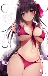 Rule 34 | 1girl, absurdres, bare shoulders, bikini, blush, breasts, cleavage, collarbone, fate/stay night, fate (series), hair ribbon, highres, hip focus, jacket, large breasts, long hair, looking at viewer, matou sakura, multi-strapped bikini, navel, neck ribbon, netarou, open clothes, open jacket, parted lips, pink bikini, pink ribbon, pleated skirt, purple eyes, purple hair, purple skirt, ribbon, simple background, skirt, solo, swimsuit, thighs, undone neck ribbon, unworn skirt, water drop, white background, white jacket