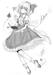 Rule 34 | 1girl, alice margatroid, alice margatroid (pc-98), bad id, bad pixiv id, book, character name, club (shape), diamond (shape), greyscale, hair ornament, heart, highres, looking at viewer, monochrome, shirt, shoes, short hair, skirt, socks, spade (shape), suspender skirt, suspenders, touhou, touhou (pc-98), yorica