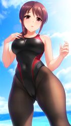 Rule 34 | 1girl, black one-piece swimsuit, black pantyhose, blue sky, breasts, brown eyes, brown hair, cameltoe, cloud, competition swimsuit, day, highres, idolmaster, idolmaster cinderella girls, irori (irorixc), large breasts, long hair, looking at viewer, mifune miyu, one-piece swimsuit, outdoors, pantyhose, pantyhose under swimsuit, sidelocks, sky, solo, swimsuit, two-tone swimsuit, water