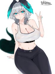 Rule 34 | 0dakoc, 1girl, absurdres, alternate costume, arknights, arm support, bare arms, bare shoulders, black pants, blue eyes, breasts, cleavage, commentary, crop top, grey hair, hand up, head wings, highres, ho&#039;olheyak (arknights), large breasts, leggings, looking at viewer, medium hair, midriff, navel, pants, parted lips, simple background, sitting, snake tail, solo, stomach, tail, tank top, thighs, v, white background, white tank top, wings