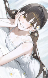 Rule 34 | 1girl, bed sheet, blush, breasts, brown hair, collarbone, dress, flower, grin, hair flower, hair ornament, highres, kinty, looking at viewer, lying, medium breasts, on stomach, original, shiny skin, smile, solo, teeth, twintails, white dress, white flower