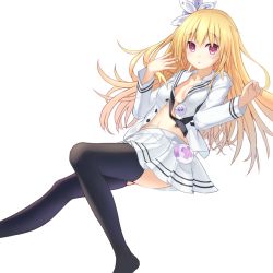 Rule 34 | 1girl, black thighhighs, blonde hair, breasts, cleavage, collarbone, collared shirt, date a live, floating hair, hair between eyes, hair ornament, kuusou kaiousei, long hair, long sleeves, looking at viewer, mayuri (date a live), miniskirt, navel, no bra, open clothes, open shirt, pleated skirt, red eyes, sailor collar, sailor shirt, school uniform, serafuku, shirt, simple background, skirt, small breasts, solo, thighhighs, very long hair, white background, white sailor collar, white shirt, white skirt, zettai ryouiki