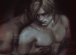 Rule 34 | 2boys, artist name, bara, closed eyes, closed mouth, folyxfanart, jewelry, large pectorals, leon s. kennedy, luis sera, male focus, multiple boys, muscular, muscular male, nipples, pectorals, resident evil, resident evil 4, resident evil 4 (remake), ring, short hair, topless male, tumblr username, upper body, yaoi