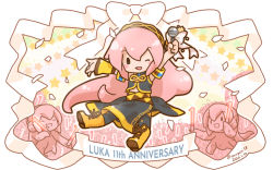 Rule 34 | anniversary, belt, black legwear, black shirt, black skirt, blush, boots, character name, chibi, closed eyes, confetti, crop top, gold footwear, gold trim, hairband, holding, holding glowstick, holding microphone, knee boots, long hair, long skirt, looking at viewer, megurine luka, microphone, octopus, one eye closed, open mouth, pink hair, ribbon, sanpati, shirt, single sleeve, skirt, smile, solid oval eyes, star (symbol), takoluka, tentacles, thighhighs, vocaloid