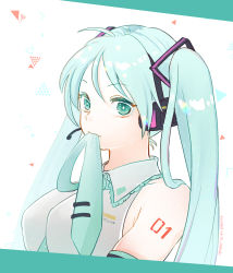 Rule 34 | 1girl, :3, aqua eyes, aqua hair, aqua necktie, bare shoulders, black sleeves, breasts, commentary, detached sleeves, grey shirt, hair ornament, hatsune miku, headphones, headset, highres, ichi15, letterboxed, long hair, looking at viewer, medium breasts, meme, mouth hold, necktie, necktie in mouth, shirt, shoulder tattoo, sleeveless, sleeveless shirt, solo, tattoo, triangle, twintails, upper body, very long hair, vocaloid, white background