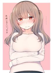 Rule 34 | ..., 1girl, blush, breasts, closed mouth, commentary request, crossed arms, fang, fang out, grey sweater, hairband, large breasts, long sleeves, looking at viewer, nekoume, original, pink background, red eyes, simple background, solo, standing, sweater, translation request, twintails, upper body