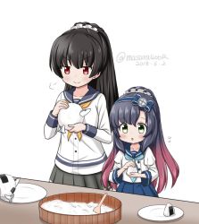 Rule 34 | 2girls, :&gt;, alternate hairstyle, black hair, blue neckerchief, blue ribbon, blue skirt, buttons, dated, fish, flying sweatdrops, food, gradient hair, green eyes, hair between eyes, hair ornament, hair ribbon, hair scrunchie, height difference, isokaze (kancolle), kantai collection, long hair, long sleeves, masara (chuujou), matsuwa (kancolle), multicolored hair, multiple girls, neckerchief, onigiri, pink hair, pleated skirt, ponytail, purple hair, red eyes, ribbon, school uniform, scrunchie, serafuku, simple background, skirt, smug, tress ribbon, twitter username, upper body, v-shaped eyebrows, white background, yellow neckerchief, you&#039;re doing it wrong
