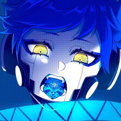 Rule 34 | 1boy, blue background, blue hair, blue theme, blue tongue, bone, cibeibugushanx, colored tongue, eyeliner, headphones, highres, looking at viewer, makeup, male focus, mechanical parts, open mouth, ortho shroud, pale skin, portrait, short hair, solo, symbol in eye, tongue, tongue out, twisted wonderland, wavy hair, yellow eyes