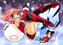 Rule 34 | 1girl, animal ears, ass, boots, cat, cat ears, detached sleeves, full body, gloves, green eyes, kokono (section9), looking at viewer, open mouth, pink hair, sack, santa costume, section9, short hair, snow, solo, suzuki noritaka, thigh boots, thighhighs