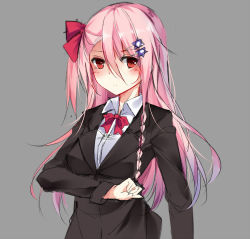 Rule 34 | 1girl, alister, alternate costume, ascot, bad id, bad pixiv id, blush, braid, closed mouth, collared shirt, dress shirt, expressionless, eyes visible through hair, girls&#039; frontline, grey background, hair ornament, hair ribbon, hexagon, hexagram, jacket, long hair, long sleeves, looking at viewer, negev (girls&#039; frontline), pink hair, red ascot, red eyes, red ribbon, ribbon, shirt, simple background, single braid, solo, standing, star of david, suit jacket, white shirt