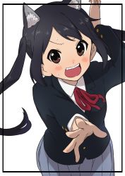 Rule 34 | 1girl, absurdres, animal ear fluff, animal ears, black hair, black jacket, blue skirt, blush, brown eyes, cat ears, collared shirt, commentary request, cowboy shot, highres, jacket, k-on!, kicchi (tmgk), long hair, long sleeves, nakano azusa, open mouth, pleated skirt, reaching, reaching towards viewer, red neckwear, school uniform, shirt, simple background, skirt, solo, sweat, teeth, twintails, upper teeth only, white background, white shirt