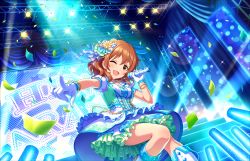 Rule 34 | 10s, 1girl, araki hina, artist request, blue theme, blush, boots, brown eyes, brown hair, character name, dress, frills, gloves, hair ornament, idol, idolmaster, idolmaster cinderella girls, idolmaster cinderella girls starlight stage, jewelry, looking at viewer, matching hair/eyes, microphone, music, necklace, no eyewear, official art, one eye closed, open mouth, pointing, short hair, singing, smile, solo, wavy hair, white gloves