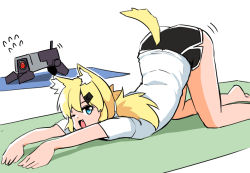 Rule 34 | 1girl, animal ears, ass, bad id, bad pixiv id, bare legs, barefoot, blonde hair, blue eyes, capoki, cat ears, cat tail, dinergate (girls&#039; frontline), exercising, fang, flying sweatdrops, foot out of frame, girls&#039; frontline, hair ornament, hairclip, idw (girls&#039; frontline), looking at viewer, medium hair, one eye closed, open mouth, shirt, short sleeves, shorts, simple background, solo, stretching, tail, top-down bottom-up, twintails, white background, white shirt, yoga mat