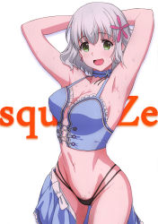 Rule 34 | 1girl, a1 (initial-g), absurdres, amagi brilliant park, armpits, arms behind back, arms up, black panties, blue hair, blue neckwear, blush, breasts, choker, cleavage, collarbone, female pubic hair, flower, green eyes, groin, hair flower, hair ornament, highres, large breasts, looking at viewer, muse (amaburi), navel, open mouth, panties, pubic hair, short hair, simple background, skindentation, smile, solo, standing, sweat, thong, underwear, white background