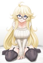 Rule 34 | 1girl, ahoge, alternate costume, bespectacled, black thighhighs, blonde hair, blue eyes, breasts, full body, garter straps, glasses, highres, iowa (kancolle), kantai collection, large breasts, lips, looking at viewer, no pants, ribbed sweater, sitting, smile, solo, star-shaped pupils, star (symbol), sweater, symbol-shaped pupils, t2r, thighhighs, wariza