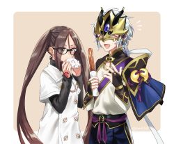 Rule 34 | 1boy, 1girl, akuta hinako, black-framed eyewear, black sweater, blush, breasts, brown eyes, brown hair, capelet, chinese clothes, churro, closed eyes, command spell, doughnut, dress, earrings, fate/grand order, fate (series), food, fou (fate), glasses, holding, holding food, horned mask, jewelry, long hair, long sleeves, mask, masked, medium breasts, multiple earrings, open mouth, prince of lan ling (fate), ribbed sweater, sash, seeds328, short hair, silver hair, smile, sweater, turtleneck, turtleneck sweater, twintails, very long hair, white dress