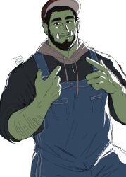 Rule 34 | 1boy, arm hair, bara, beard, colored skin, cowboy shot, facial hair, green skin, highres, hood, hood down, looking at viewer, male focus, mature male, monster boy, muscular, muscular male, mustache stubble, orc, original, overalls, pointing, pointing at self, ruslorc, short hair, sleeves rolled up, smile, solo, stubble, thick eyebrows, tusks