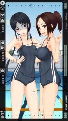 Rule 34 | 2girls, ^^^, black hair, breast envy, breasts, brown eyes, covered navel, highres, hino taka, kurebayashi katsumi, large breasts, long hair, multiple girls, muroto aki, one-piece swimsuit, photokano, ponytail, pool, school swimsuit, shaded face, swimsuit, turn pale, twintails, v, viewfinder