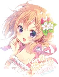 Rule 34 | 1girl, bare shoulders, blush, breasts, character name, collarbone, dated, dress, flower, food, fruit, gochuumon wa usagi desu ka?, hair flower, hair ornament, hand on own cheek, hand on own face, happy birthday, hoto cocoa, looking at viewer, mitsumomo mamu, open mouth, orange hair, purple eyes, ribbon, ribbon trim, smile, solo, strawberry, wind