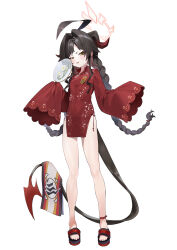 Rule 34 | 1girl, absurdres, ahoge, alternate hairstyle, black hair, black horns, black tail, blue archive, blush, braid, demon horns, demon tail, dress, full body, hair intakes, halo, highres, horns, kasumi (blue archive), long hair, open mouth, red dress, red halo, sandals, simple background, sleeves past fingers, sleeves past wrists, smile, solo, tail, twin braids, white background, wide sleeves, yanyo (ogino atsuki), yellow eyes