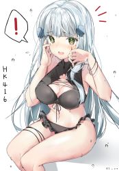 Rule 34 | !, 1girl, bad id, bad pixiv id, bikini, black bikini, blunt bangs, blush, breasts, cleavage, cleavage cutout, clothing cutout, cowboy shot, frilled bikini, frills, girls&#039; frontline, green eyes, h shai, hair ornament, highres, hk416 (girls&#039; frontline), invisible chair, long hair, looking at viewer, medium breasts, open mouth, silver hair, simple background, sitting, solo, spoken exclamation mark, swimsuit, wet, white background