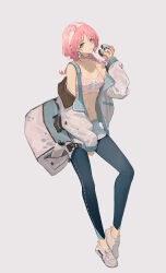 Rule 34 | 1girl, absurdres, arknights, bag, bare shoulders, blue hair, blue poison (arknights), blue poison (shoal beat) (arknights), blue shorts, braid, choker, commentary, doughnut, food, grey background, hand up, head tilt, headband, highres, holding, holding doughnut, holding food, jacket, leggings, looking at viewer, official alternate costume, open mouth, pants under shorts, pink choker, pink hair, pink sports bra, shoes, short hair, shorts, simple background, sneakers, solo, sports bra, stomach, twin braids, white headband, white jacket, white sports bra, yuyumu