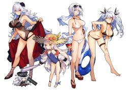 Rule 34 | &gt; &lt;, 4girls, alternate costume, ankle ribbon, anklet, antenna hair, azur lane, barefoot, baseball bat, bikini, black bikini, black one-piece swimsuit, black ribbon, blue eyes, blue one-piece swimsuit, blush, breasts, cape, chibi, child, cleavage, closed mouth, coat, collarbone, commentary, commentary request, cross, dual persona, earrings, eyes visible through hair, eyewear on head, flag print, flower, full body, fur-trimmed cape, fur trim, german flag, german flag bikini, graf zeppelin (azur lane), graf zeppelin (beachside urd) (azur lane), grey hair, hair between eyes, hair flower, hair ornament, hair ribbon, hand on own hip, hand on own leg, hat, hat flower, highres, hip focus, holding, holding baseball bat, innertube, iron cross, jacket, jewelry, large breasts, leaning forward, leg ribbon, legs, long hair, looking at viewer, mephisto (angraecum), messy hair, mole, mole on breast, multicolored hair, multiple girls, navel, off shoulder, one-piece swimsuit, pantyhose, peaked cap, prinz eugen (azur lane), prinz eugen (unfading smile) (azur lane), red eyes, red hair, ribbon, sandals, scarf, short hair, sidelocks, simple background, small breasts, smile, standing, stomach, straw hat, streaked hair, sunglasses, swept bangs, swim ring, swimsuit, thigh strap, thighs, tirpitz (azur lane), tirpitz (snow-melting summer) (azur lane), translation request, two side up, very long hair, white background, white bikini, yellow eyes, z46 (azur lane), z46 (her first summer) (azur lane)