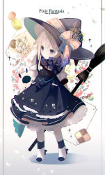 Rule 34 | 1girl, black dress, black hat, black socks, boots, bow, broom, brown bow, closed mouth, commentary request, dress, food, full body, hair between eyes, hat, hat bow, highres, light brown hair, looking away, macaron, original, pixiv fantasia, pleated dress, puffy short sleeves, puffy sleeves, purple eyes, short sleeves, socks, solo, standing, two-sided fabric, two-sided headwear, white footwear, witch hat, yuzuyomogi