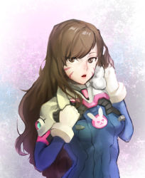 Rule 34 | 1girl, animal print, bodysuit, breasts, brown eyes, brown hair, d.va (overwatch), dev (nogchung), facial mark, gloves, hand up, headphones, high collar, holding, indian style, lips, lipstick, long hair, makeup, open mouth, overwatch, overwatch 1, pink lips, rabbit, rabbit print, sitting, small breasts, solo, sweat, sweatdrop, swept bangs, towel, whisker markings, wiping sweat