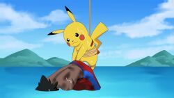 Rule 34 | :3, ash ketchum, black eyes, black hair, blue sky, blush stickers, closed mouth, cloud, creatures (company), day, full body, game freak, gen 1 pokemon, grapeanime, highres, looking at another, looking down, male focus, male swimwear, mountain, nintendo, ocean, outdoors, partially submerged, pikachu, pokemon, pokemon (anime), pokemon (creature), pokemon sm (anime), red male swimwear, rope, scratches, short hair, sky, smile, suspension, swim trunks, topless male, unconscious, water, wet