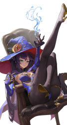 Rule 34 | 1girl, alternate eye color, ass, black gloves, black hair, blue eyes, blue leotard, breasts, capelet, chair, closed mouth, full body, fur-trimmed capelet, fur collar, fur trim, genshin impact, gloves, gold footwear, gold trim, hand up, hat, high heels, highres, holding, holding own hair, hydrokinesis, leg up, leotard, medium breasts, mona (genshin impact), pantyhose, sitting, smile, solo, sparkle print, thighlet, ttk (kirinottk), twintails, water, witch hat