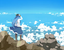 Rule 34 | 1girl, blue hair, boots, cloud, day, hat, hinanawi tenshi, holding, holding hat, loco 65 o1o1, mountain, rock, skirt, sky, solo, touhou