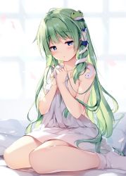 Rule 34 | 1girl, bed sheet, blue eyes, blush, breasts, cherry blossoms, commentary request, feet out of frame, frog hair ornament, green hair, hair ornament, hair tubes, half-closed eyes, hands up, indoors, kochiya sanae, long hair, looking at viewer, medium breasts, miyase mahiro, naked sheet, own hands together, petals, sitting, snake hair ornament, socks, solo, touhou, very long hair, wariza, white socks, window