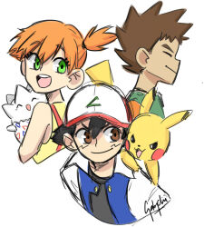 1girl 2boys ash_ketchum black_hair brock_(pokemon) brown_eyes brown_hair closed_eyes creatures_(company) facial_hair facial_mark gabychii game_freak gen_1_pokemon gen_2_pokemon hat holding holding_pokemon misty_(pokemon) multiple_boys nintendo orange_hair pikachu pokemon pokemon_(anime) pokemon_(classic_anime) pokemon_(creature) ponytail side_ponytail sketch smile togepi white_background