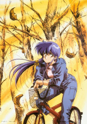 Rule 34 | 1990s (style), 1girl, arm support, bicycle, blue hair, crossed arms, highres, jacket, leaf, leaning forward, long hair, open clothes, open jacket, original, outdoors, red eyes, retro artstyle, riding bike, sleeves past elbows, smile, solo, urushihara satoshi, wind